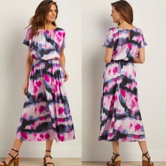 NWOT Soft Surroundings Abelia Midi Dress Short Sleeves Pockets Magenta Multi 1X - Picture 1 of 8